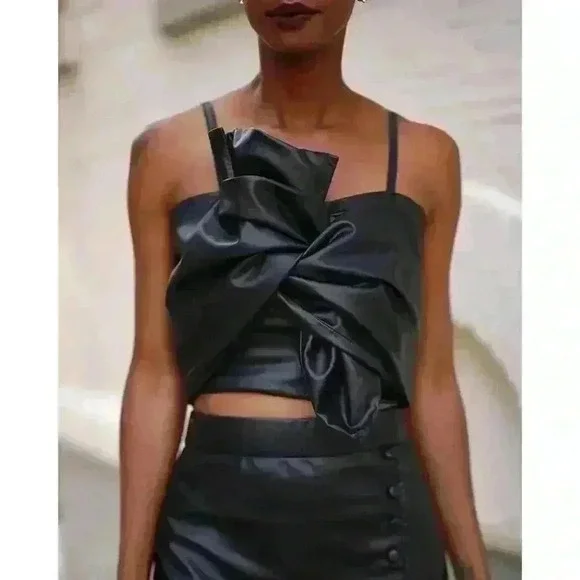 NWT The Drop Women's Black Faux Leather Bow Front Top by Signed Blake, Size S - Picture 3 of 16